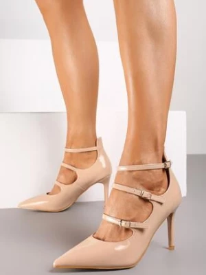 Beżowe Lakierowane Szpilki z Ozdobnymi Sprzączkami i Paskami Aefela
