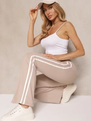 Beżowe Legginsy Flare High Waist z Marszczeniem i Lampasami Kirsena yu & me