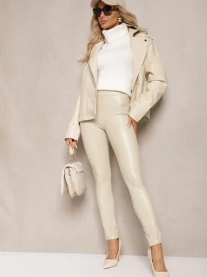 Beżowe Legginsy z Imitacji Skóry High Waist Noriel defox