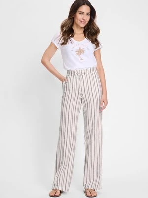 Beżowe lniano-bawełniane spodnie damskie Anna Wide w paski – Resort Spirit Olsen