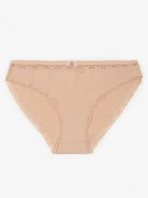 Beżowe Majtki Figi z Bawełny Ozdobione Kokardą i Koronką Zeterie han