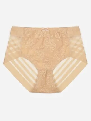 Beżowe Majtki Figi z Wysokim Stanem Zdobione Koronką i Siateczką Helieth