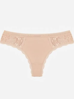 Beżowe Majtki Stringi Ozdobione Koronką z Bawełną Meniliphis