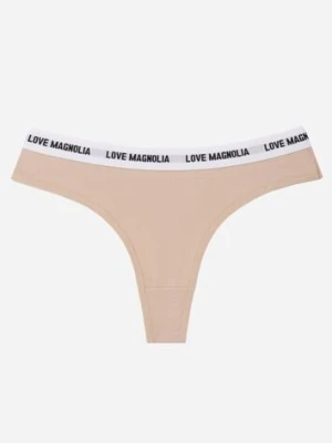 Beżowe Majtki Stringi z Bawełną Ozdobione Napisami Amero han