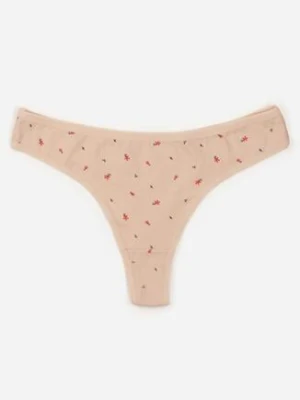 Beżowe Majtki Stringi z Bawełną w Kwiaty Calylia