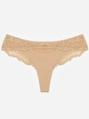 Beżowe Majtki Typu Stringi z Koronką Nedareanes