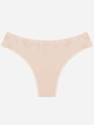 Beżowe Majtki z Bawełną Typu Stringi Ozdobione Koronką Cirilise han