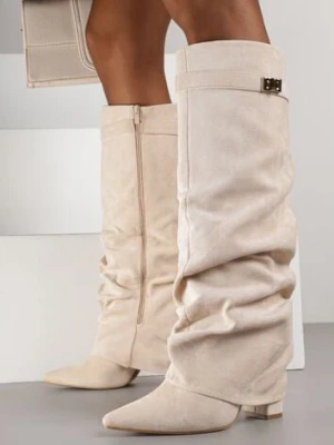 Beżowe Marszczone Kozaki na Słupkowym Obcasie z Wywiniętą Cholewką Runella