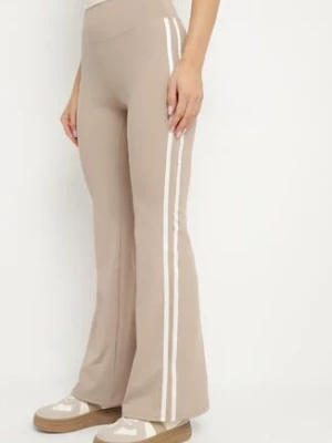 Beżowe Marszczone Legginsy Dzwony z Wysokim Stanem i Lampasami Nakatia yu & me