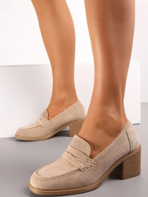 Beżowe Półbuty na Słupku z Kwadratowym Noskiem Zeze