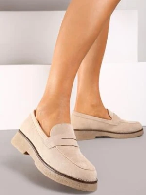 Beżowe Mokasyny z Imitacji Zamszu na Kontrastowej Podeszwie Beliara