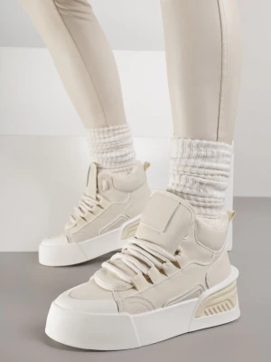 Beżowe Ocieplane Sneakersy na Grubej Podeszwie z Tłoczonym Wzorem Anweda Fashion