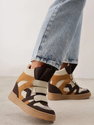 Beżowe Ocieplane Sneakersy Retro na Ukrytym Koturnie z Paskami na Rzep Penetia