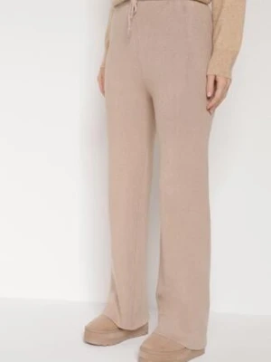 Beżowe Ocieplane Spodnie Dzianinowe o Szerokim Kroju Miorea j&x