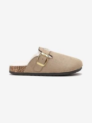 Beżowe Ocieplone Kapcie Typu Mule Ozdobione Sprzączką Vellisa
