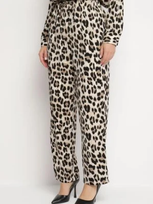 Beżowe Panterkowe Spodnie o Szerokim Kroju z Wysokim Stanem i Wiązaniem Dorirra rosa