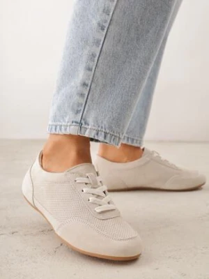 Beżowe Perforowane Sneakersy z Zamszu Naturalnego ze Skórzaną Wkładką Mezlea goodin