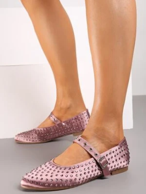 Beżowe Płaskie Balerinki Mary Jane z Cyrkoniami i Sprzączką Arfela