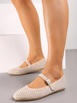 Beżowe Płaskie Balerinki Mary Jane ze Sprzączką i Cyrkoniami Iviana