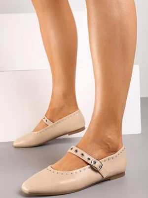 Beżowe Płaskie Balerinki w Stylu Mary Jane Ozdobione Ćwiekami Biandra