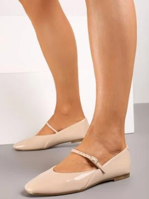 Beżowe Płaskie Balerinki w Stylu Mary Jane Ozdobione Paskiem Kikizelle