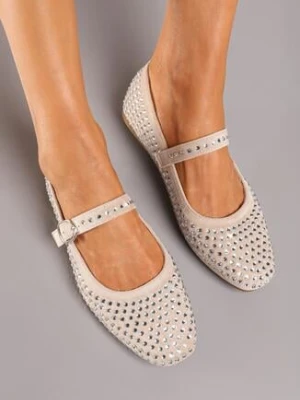 Beżowe Płaskie Balerinki z Cyrkoniami i Ozdobnym Paskiem Menivia