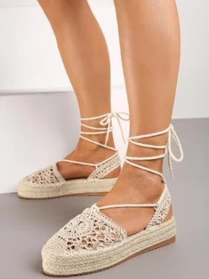 Beżowe Płaskie Espadryle na Plecionej Podeszwie o Ażurowym Wykończeniu z Wiązaniem Sivalea
