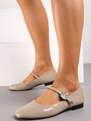 Beżowe Płaskie Lakierowane Balerinki w Stylu Mary Jane ze Skórzaną Wkładką i Cyrkoniami Vailira