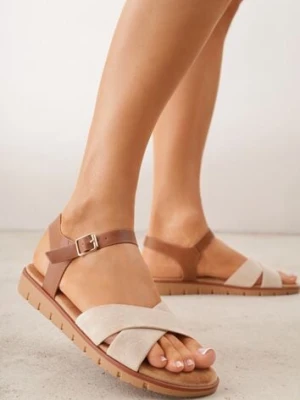Beżowe Płaskie Sandały VICES z Cholewką ze Skrzyżowanymi Paskami Emelika