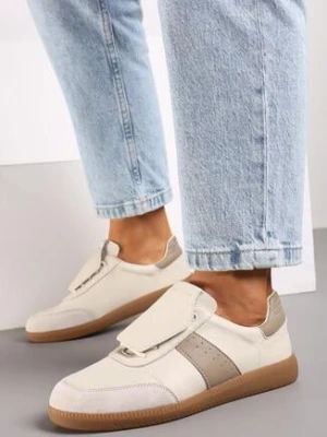 Beżowe Płaskie Skórzane Sneakersy z Ozdobną Zamszową Wstawką Milivia