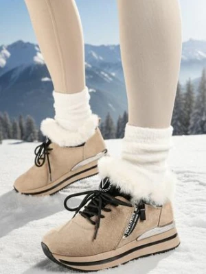 Beżowe Płaskie Sneakersy Ozdobione Futerkiem i Napisem Tarvina vices