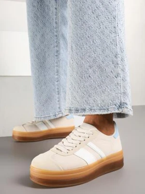 Beżowe Płaskie Sneakersy Ozdobione Paskami Norili