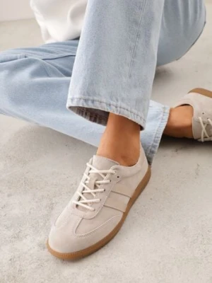 Zdjęcie produktu Beżowe Płaskie Sneakersy ze Skóry Naturalnej z Ozdobnymi Paskami Nelarielis