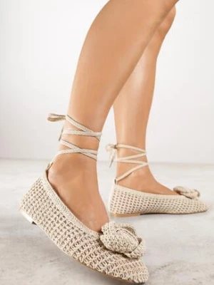 Beżowe Plecione Balerinki Vices z Aplikacją i Wiązaniem Erlemia