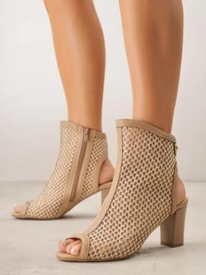 Beżowe Plecione Botki na Słupku ze Skórzaną Wkładką i Odkrytą Piętą i Palcami Tesane m.daszynski