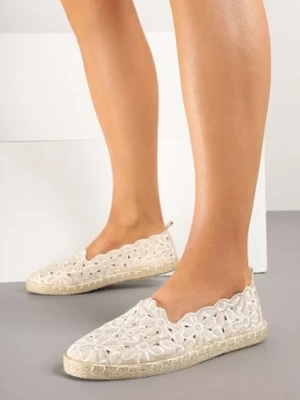 Beżowe Plecione Espadryle Vices z Kwiatowym Motywem z Ażurowymi Wycięciami Honavia