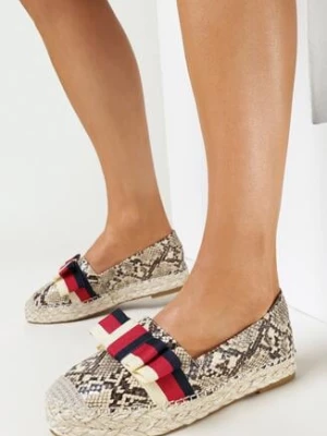 Beżowe Plecione Espadryle z Imitacji Skóry Węża z Kokardką Marleia