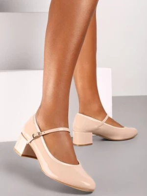 Beżowe Półbuty Lakierowane na Słupku Mary Jane Zapinane na Sprzączkę Timaree