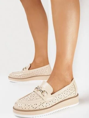 Beżowe Półbuty na Grubej Podeszwie z Ażurową Cholewką i Klamrą Metalową Sielle