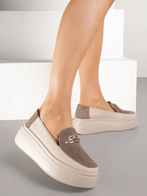 Beżowe Półbuty na Platformie i Koturnie ze Skóry Naturalnej z Metaliczną Aplikacją Takaria goodin