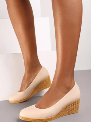 Beżowe Czółenka Vices na Plecionym Koturnie ze Skórzaną Wkładką Terivannes