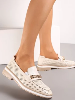 Beżowe Półbuty przed Kostkę z Perforacją i Wkładką ze Skóry Naturalnej Meralith