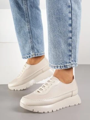 Beżowe Półbuty Sneakersy Potocki na Grubej Podeszwie z Elastycznymi Sznurówkami Tulemarie