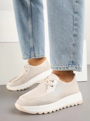 Beżowe Półbuty z Ażurową Cholewką z Wiązaniem Tavellise bellamila