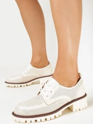 Beżowe Półbuty z Cholewką przed Kostkę z Perforacją i Skórzaną Wkładką Linly