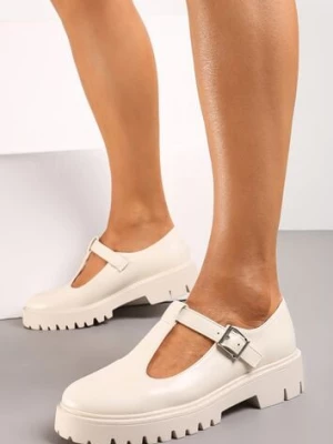 Beżowe Półbuty z Ekoskóry na Płaskim Obcasie ze Sprzączką Frisena