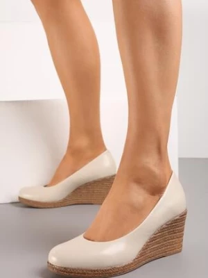 Beżowe Czółenka Vices ze Skórzaną Wkładką i Plecionką na Koturnie Yearna