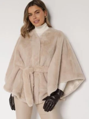 Beżowe Ponczo z Futerkiem i Wiązanym Paskiem Monalena