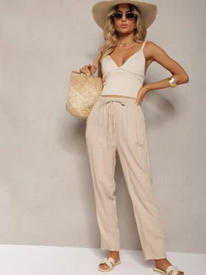 Beżowe Proste Spodnie Bawełniane z Gumką w Pasie Xisela rosa