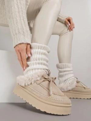 Beżowe Rustykalne Śniegowce z Niską Cholewką Zdobione Futrem i Kokardą Tuspena gowin